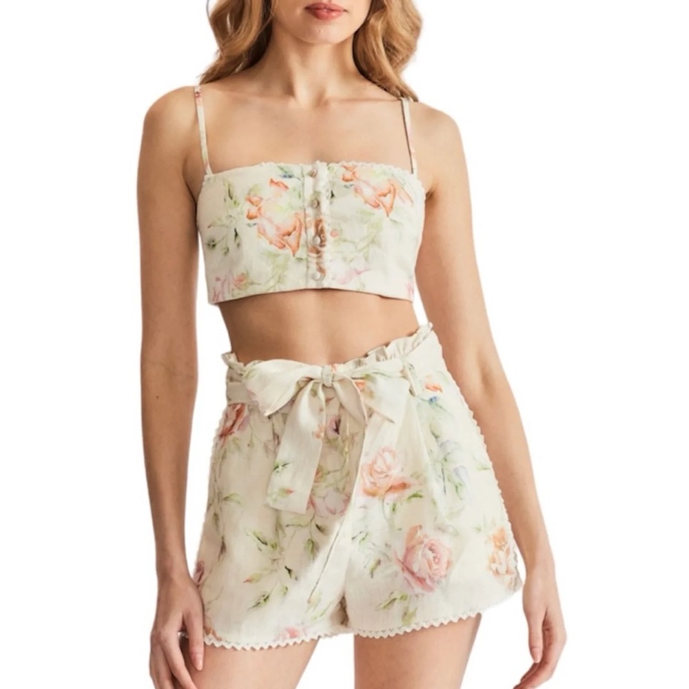 CAROLINE CONSTAS Size Small Floral Linen Belted Shorts